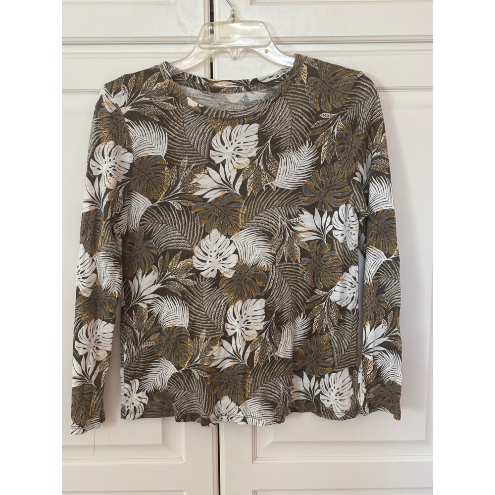 Dept 222 Womens Tropical Palm Leaf Print Long Sleeve Top Olive Green PM Petite M